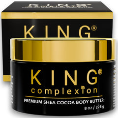 King Complexion Shea Cocoa Body Butter jar closeup shows rich texture for soft melanin-rich skin.