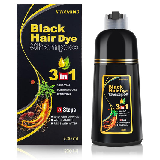 KingMing black hair dye shampoo bottle offers at-home gray coverage with easy use.
