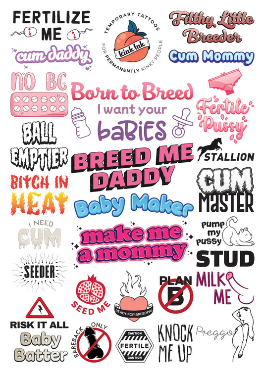 Kink Ink breeder tattoo sheet with 29 designs for bold self-expression in intimate play