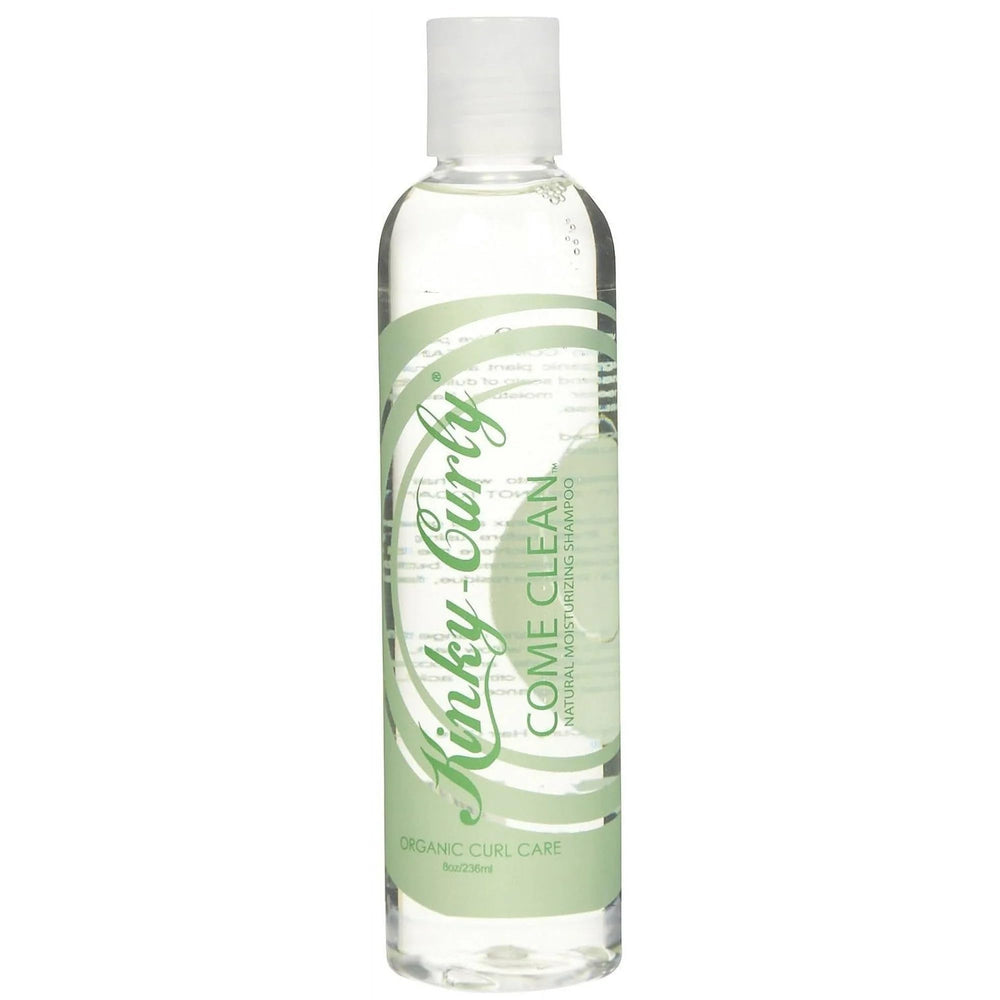 Kinky Curly Come Clean Shampoo bottle front view highlighting a mineral-clarifying formula.