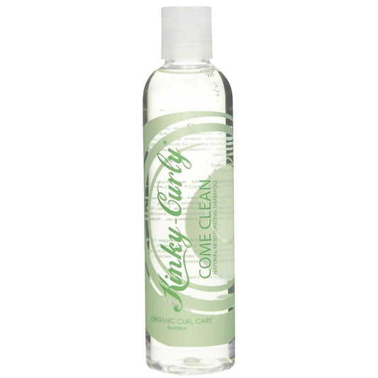 Kinky Curly Come Clean Shampoo bottle front view highlighting a mineral-clarifying formula.