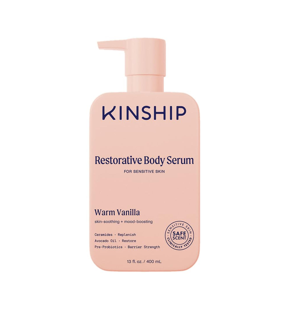 Kinship Restoring Body Serum bottle demonstrates easy daily hydration