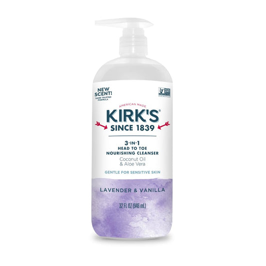 Kirk's 3-in-1 bottle with lavender-vanilla scent for head-to-toe cleansing.