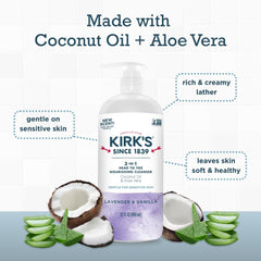 Coconut oil and aloe vera ingredients from Kirk's formula for hydration.