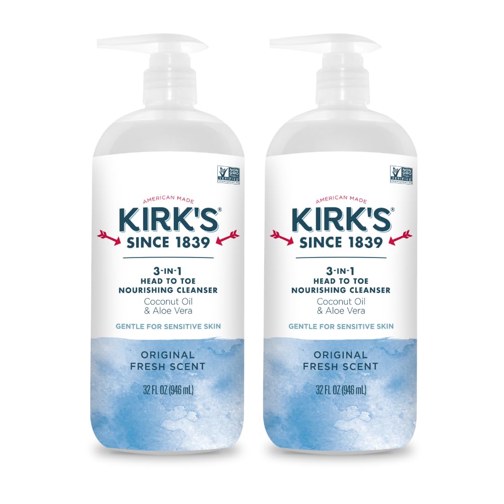 Kirks 3-in-1 head-to-toe cleanser bottle front view for easy family cleansing.
