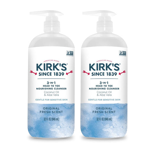 Kirks 3-in-1 head-to-toe cleanser bottle front view for easy family cleansing.