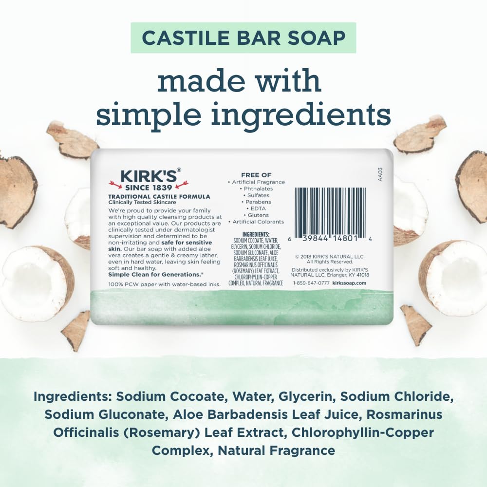 Kirk's Castile Soap Fragrance Free Unscented bar ideal for sensitive skin