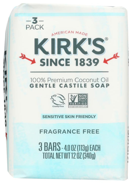 Kirks Coco Castile fragrance-free soap bar close-up showing coconut oil-based cleansing.