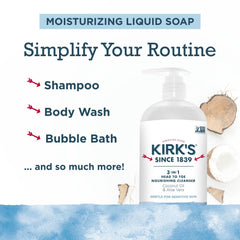 Kirks coconut oil and aloe vera ingredients banner highlights moisturizing formula.