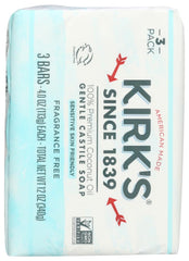Kirks pack-of-4 Coco Castile bars in recyclable packaging, ready for daily use.