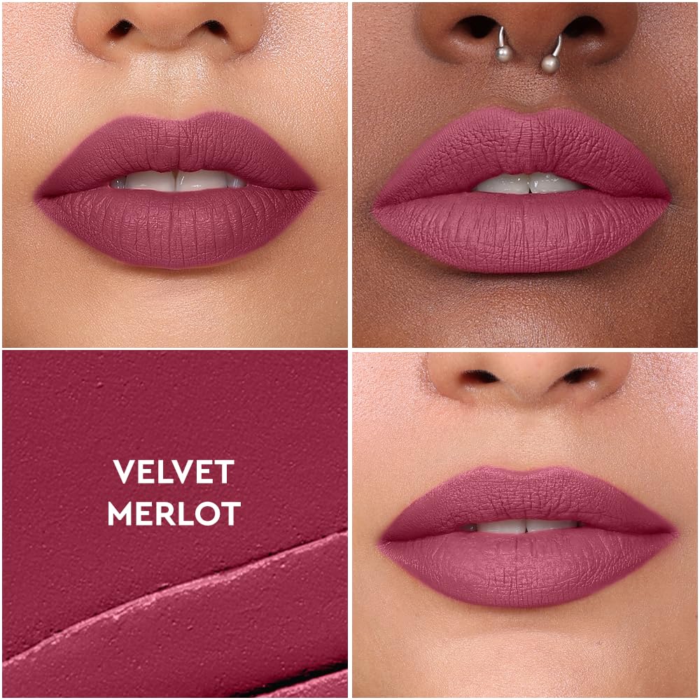 KIRO Velvet Merlot lip swatch highlights transfer-proof color on contact.