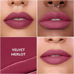 KIRO Velvet Merlot lip swatch highlights transfer-proof color on contact.