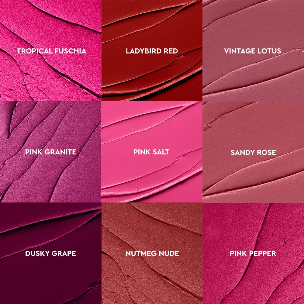 KIRO Velvet Merlot swatch beside skin tones shows versatile shade range.
