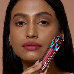 KIRO Velvet Merlot close-up reveals lightweight, comfortable feel on lips.