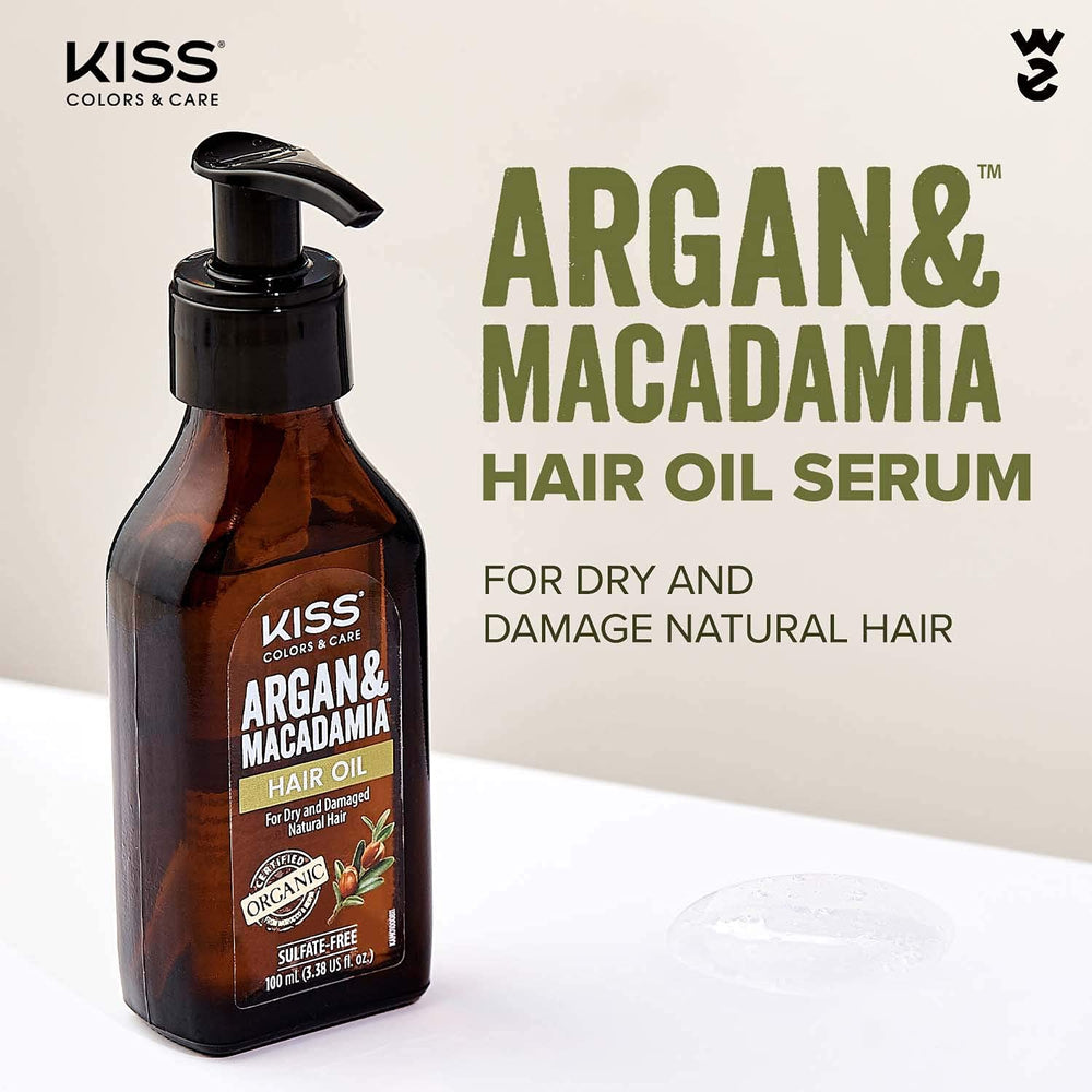 KISS Argan & Macadamia serum on dry hair adds soft shine.