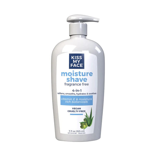 Kiss My Face Moisture Shave front view in 3 pack, fragrance-free design for easy access