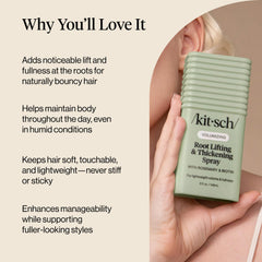 Kitsch Root Lifting Spray on a bathroom shelf beside styling tools.