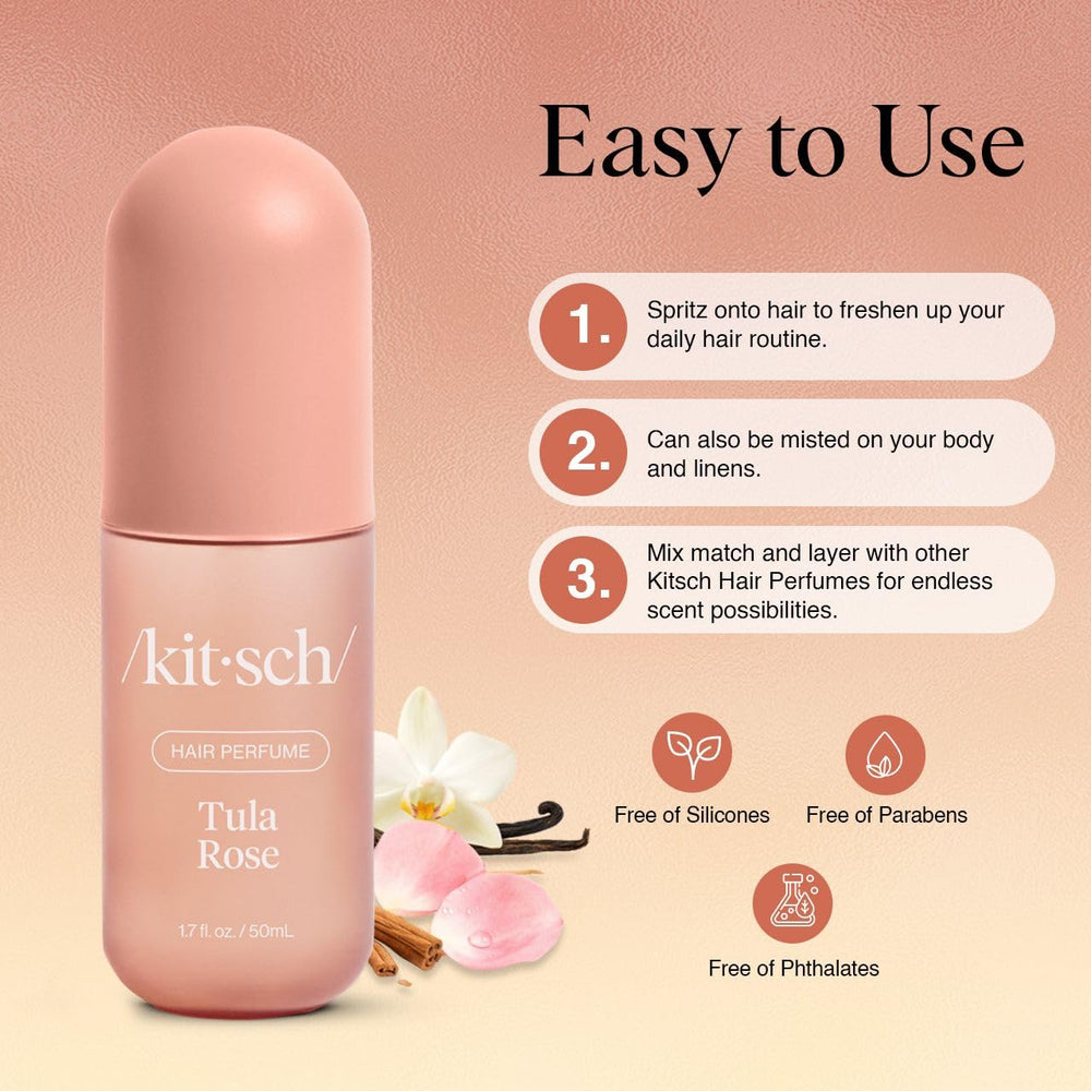 Kitsch Tula Rose bottle with pillow mist usage on satin pillowcase.