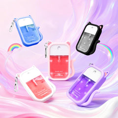 Keychain clip on Kivzex Touchland cat case keeps sanitizer accessible on bags or keys