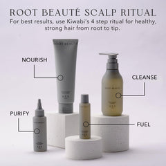 KIWABI Root Beaute bottle on bathroom shelf ready for daily use.