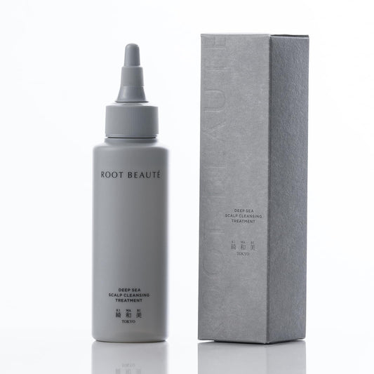 KIWABI Root Beaute Deep Sea Scalp Detox bottle demonstrates mineral-rich hydration for sensitive scalps.
