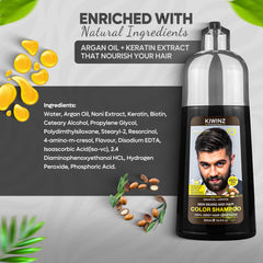 Kiwinz Professional Dark Brown Hair Color Shampoo comes in a 500ml bottle for home use.