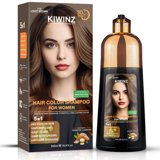 Kiwinz Professional hair color shampoo bottle cap close-up shows ammonia-free color for grey roots