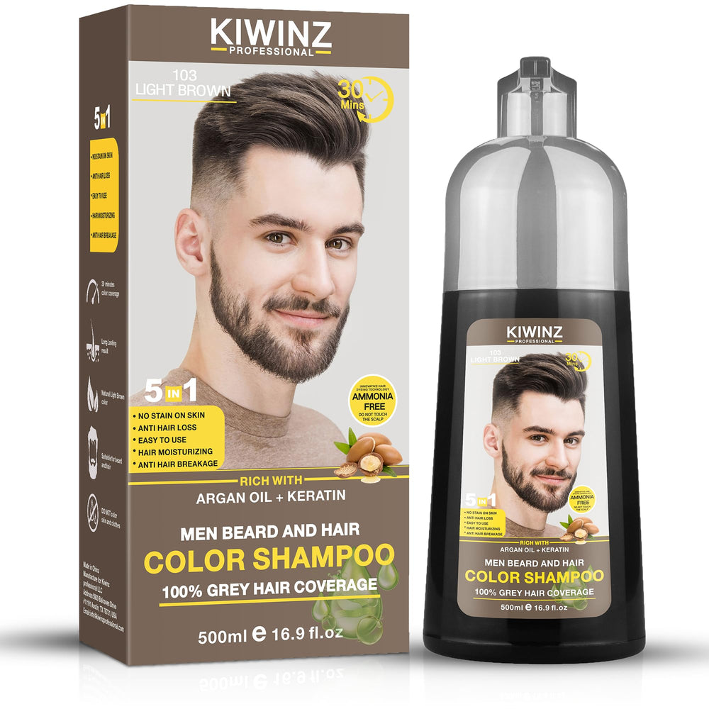 Kiwinz Professional light brown dye shampoo bottle with pump for quick, mess-free application