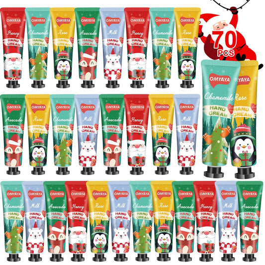 KIYTARBOO 70-pack Christmas hand cream gift set box exterior, ideal stocking stuffers that soften dry hands.