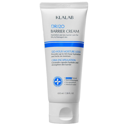 KLALAB DR120 barrier cream bottle showing fragrance-free protection for sensitive skin.