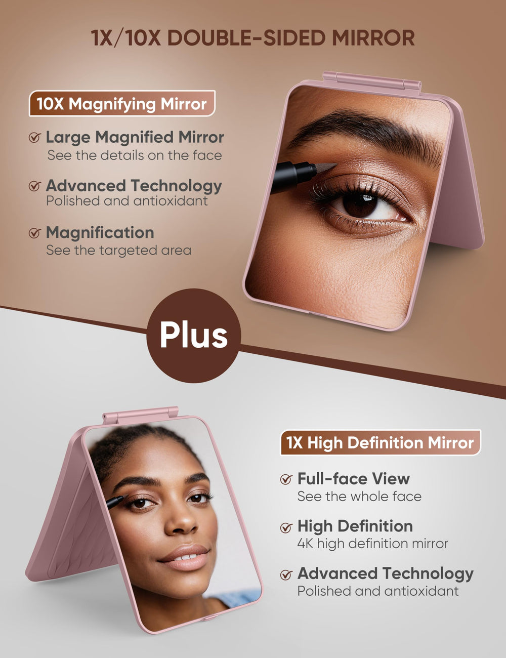 Klarh rose pink folding travel mirror fits compact bags for on-the-go touch-ups.