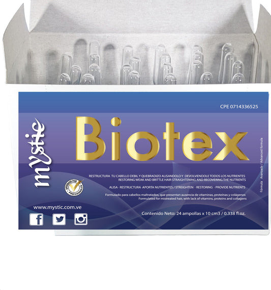Kleravitex Mystic Biotex ampoule bottle pour — nourishes hair from roots to tips.