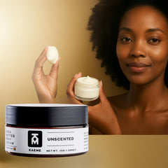 KM KAEME Unscented butter used in DIY skincare shows creamy base for whipped blends.
