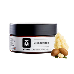 KM KAEME Unscented Shea Butter jar showing pure, unrefined hydration for skin and hair.
