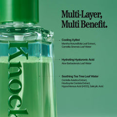 Knock Shaking Serum Mist on skin highlights hypochlorous acid's gentle hydration.