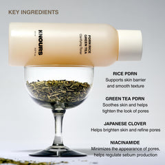 Knours PDRN Rice & Green Tea Toner ingredients panel emphasizes rice PDRN and Niacinamide.