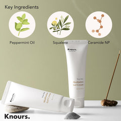 Knours peppermint-squalane ingredients closeup suggests cooling relief and balanced skin.