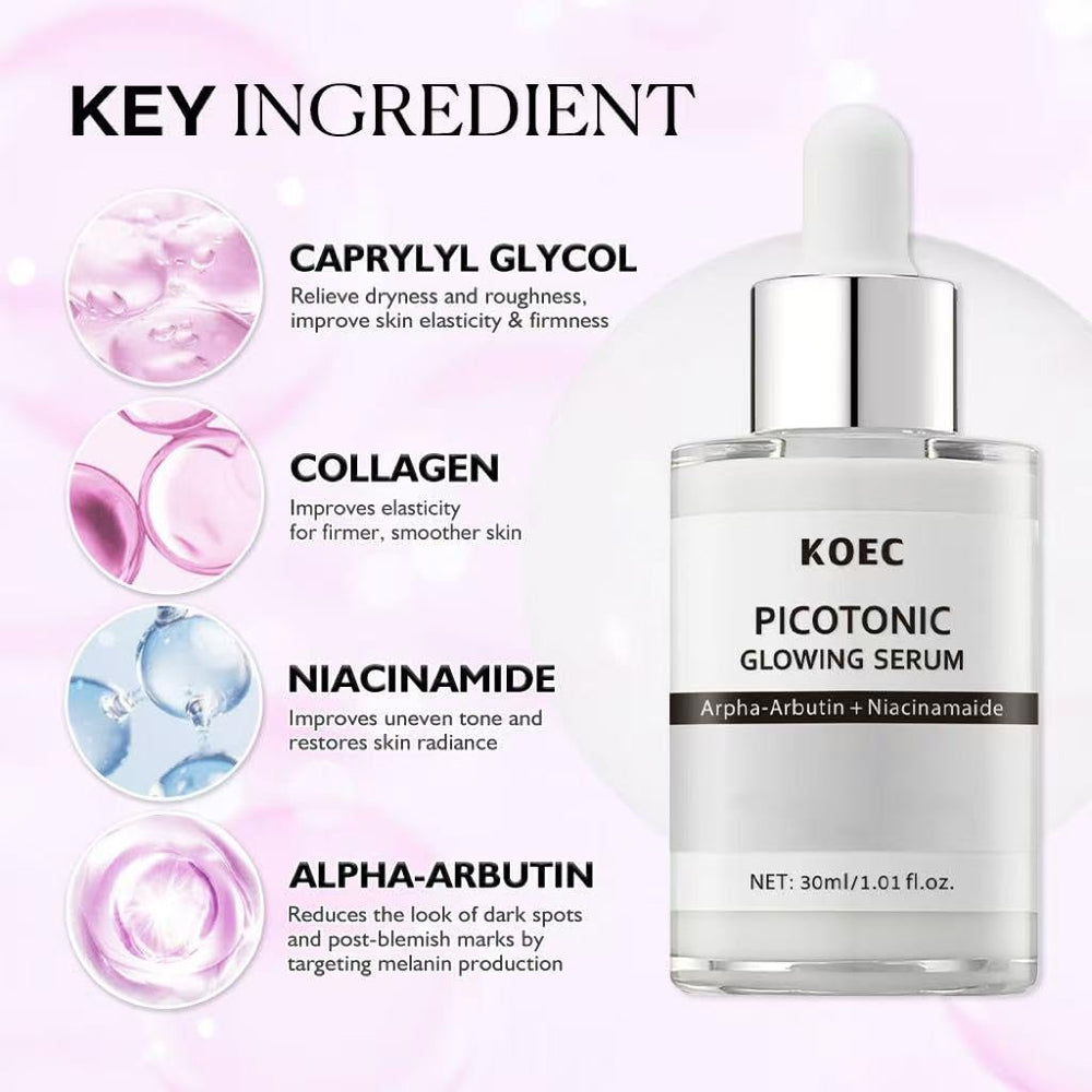 KOEC Picotonic Glowing Ampoule in-use shot suggests even skin tone.