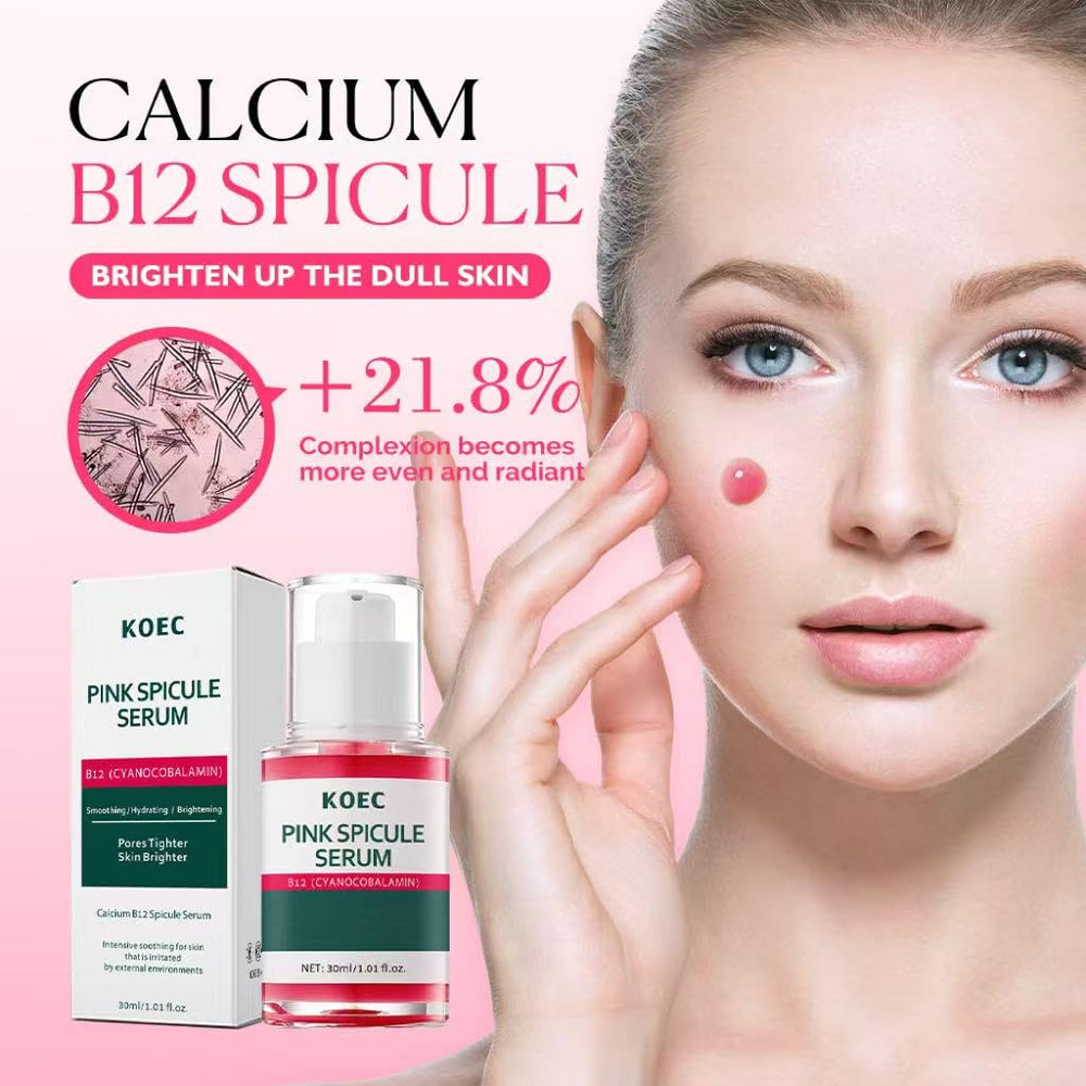 KOEC Pink Spicule Serum closeup emphasizes micro-needle texture for absorption.