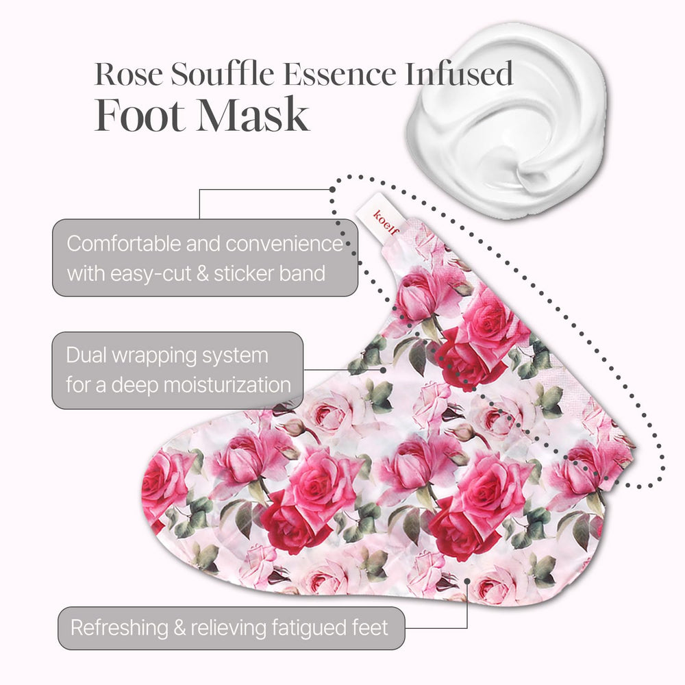 Koelf Rose Petal Satin Foot Mask formula featuring ceramide, shea butter, and hyaluronic acid