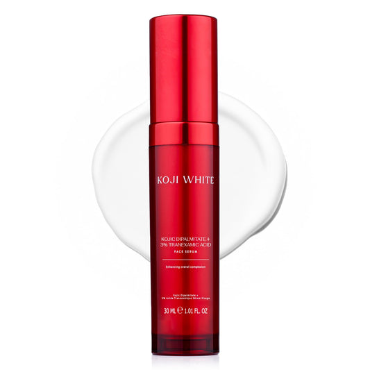 Koji White serum bottle pour shows a clean fragrance-free formula for sensitive skin.