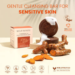Koji White turmeric soap packaging highlights fragrance-free formula.