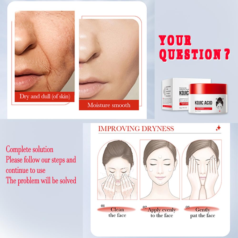 Kojic Acid Cream packaging and product display promoting easy skincare routine.