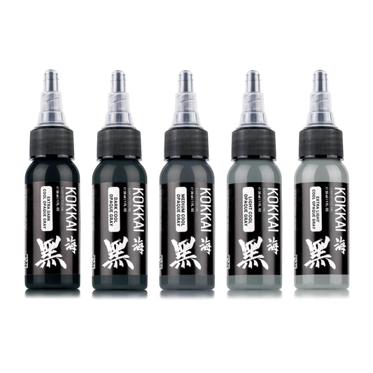 Kokkai Sumi Cool Gray Ink Set packshot—five 1 oz bottles ready for precise grayscale tattoos.