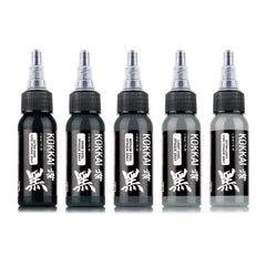 Kokkai Sumi Cool Gray Ink Set packshot—five 1 oz bottles ready for precise grayscale tattoos.