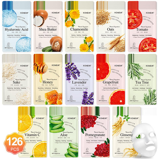 KONEUK 126-pack face masks gift set displays colorful packaging for hydrating skin.