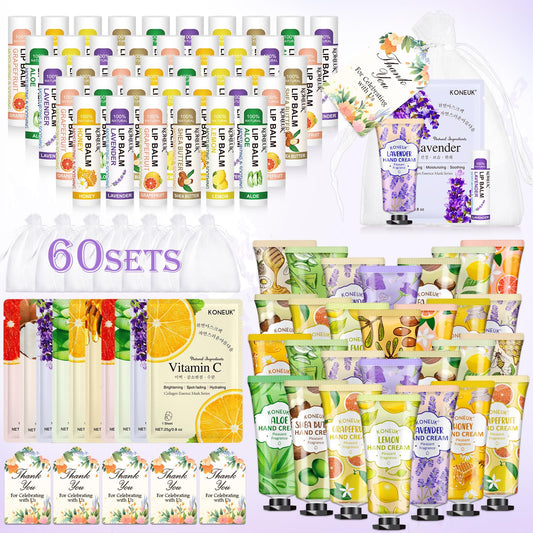 KONEUK 60-pack lip balm set with six scents for guest favors.