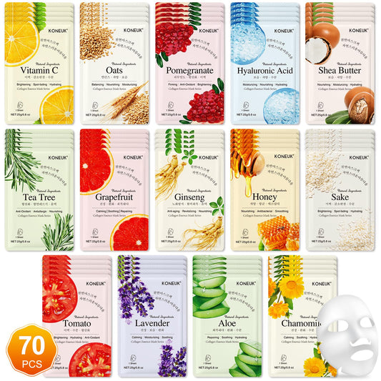 KONEUK 70-pack face mask gift set, close-up of assorted masks for home spa.