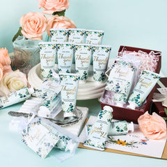 KONEUK wedding favor display with eucalyptus styling.