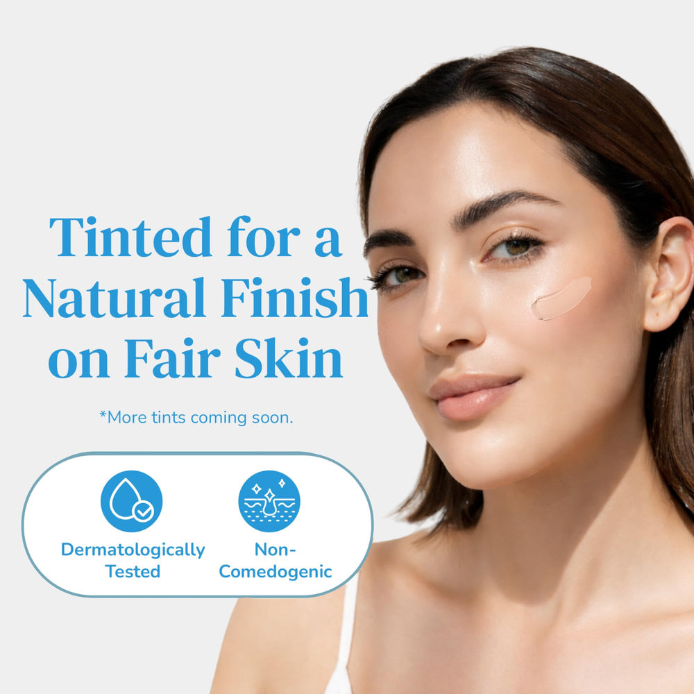 Koobarra tinted finish on skin reduces white cast for fair tones.